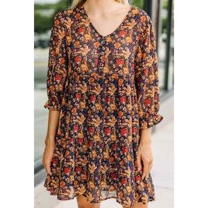 Umgee Orange Fall Pumpkin Floral Mini Flowy Dress Medium